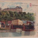 Thüringen - Greiz Oberes Schloss farb. "Halt gegen das Licht"-AK gelaufen 1898