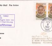 USA - 2x25 C. Hemmingway Luftpostbrief/LH-Erstflug Miami - Hamburg 1992