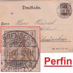 DR - 3 Pfg. Germania Perfin "S&S" Drucksachenkarte Spremberg - Waldmünchen 1908