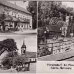 Sachsen - Porschdorf Kr. Pirna Gaststätte Erbgericht etc. sw-Mehrbild-AK 1983