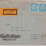 DR - 2x20 Pfg. Hindenburg Luftpostbrief n. FRANKREICH München - Paris 16.7.34