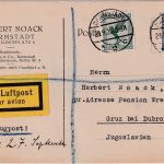 DR - 5+20 Pfg. Adler/Sockel Luftpostkarte n. JUGOSLAWIEN Darmstadt Gruz 28.9.26
