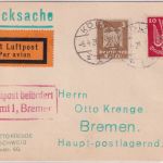 DR - 10 Pfg. Holztaube u.a. Luftpost-Drucksache/Erstflug Köln - Bremen 6.4.26