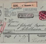 DR - 50+20+10 Pfg. K/A Paketkarte i.d. SCHWEIZ Chemnitz - Solothurn 1898