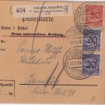 DR - 50+2x20 Pfg. Korbdeckel Paketkarte (Selbstbucher) Siebenlehn - Hamburg 1924