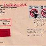 DDR - 2x70 Pfg. 44.WM Sportschießen Eil-Einschreibebrief Dresden 13.6.89
