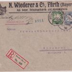 Bayern - 20+5 Pfg Wappen Einschreibebrief/Nachbarortsverkehr Fürth Nürnberg 1910