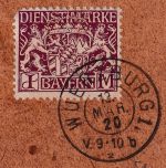 Bayern - 1 M. Dienst Staatswappen/Volksstaat weißes Papier Briefstück 1920 gepr.
