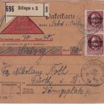 Bayern - 2x75 Pfg. Ludwig/Volksstaat Nachnahme-Paketkarte Dillingen - Fürth 1919