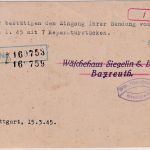 DR - Stuttgart 1 15.3.45 Karte n. Bayreuth Überroller US-Zensur 15436