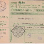 B&M - Prag Postsparkasse Zahlungsanweisung n. Traunstein/AT 28.3.45 Überroller