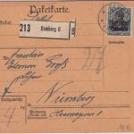 Bayern - 75 Pfg. Germania/Freistaat Paketkarte Bamberg 6 - Nürnberg 20. JAN 20