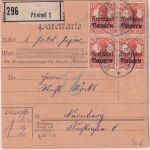 Bayern - 10x7 1/2 Pfg. Germania/Freistaat Paketkarte Pfreimd Nürnberg 30. JAN 20