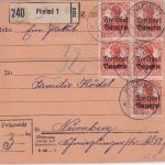 Bayern - 10x7 1/2 Pfg. Germania/Freistaat Paketkarte Pfreimd Nürnberg 24. JAN 20