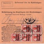 Bayern - 10x7 1/2 Pfg. Germania/Freistaat Paketkarte Pfreimd Nürnberg 24. JAN 20