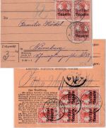 Bayern - 10x7 1/2 Pfg. Germania/Freistaat Paketkarte Pfreimd Nürnberg 24. JAN 20