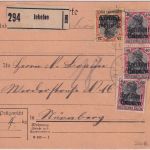 Bayern - 3x40+25 Pfg. Germania/Freistaat Paketkarte Inkofen - Nürnberg 20.1.20