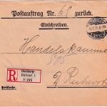 DR - Duisburg-Ruhrort 1915 Postauftrag-retour Ortseinschreibebrief