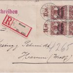 Bayern - 35 Pfg. Germania/Freistaat 4er-Block/OR Einschreibebrief Ebrach 1920