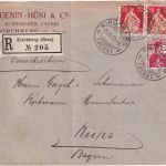 Schweiz - 2x20 Rp. sitz. Helvetia u.a. Einschreibebrief Kirchberg - Küps 1912