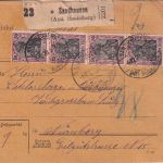 DR - 50 Pfg. Germania 4er-Streifen Paketkarte Sandhausen - Nürnberg 6.12.20