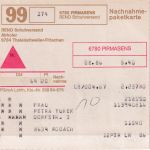 BRD - Pirmasens 1986 5,40 DM Nachnahme-Paketkarte (Selbstbucher) n. Rodach