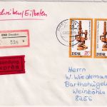 DDR - 2x70 Pfg. Mikroskop Eil-Einschreibebrief Dresden - Weinböhla 13.6.89
