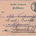 DR - 5 Pfg. K/A Ganzsache Pellingen - Mainz 1891 Weiterleitung Landstuhl