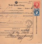 Österreich - 5 Kr. FJ Ganzsache/Postanweisung+Zusatz Wien - Temesvar 1874