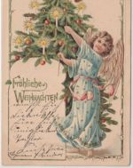 Glückwunsch - Weihnachten Engel mit Christbaum Prägekarte gelaufen Diessen 1903