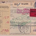 DR - 2x50+20 Pfg. Germania Eilboten-Paketkarte i.d. SCHWEIZ Burgstädt 1916