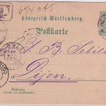 Württemberg - 5 Pfg. Ganzsache/Karte n. FRANKREICH Heidenheim 1897 Nachporto