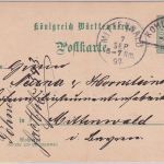 Württemberg - Kohlstetten 6.IX Stations-HKS % Pfg. Ganzsache n. Mittenwald 1897