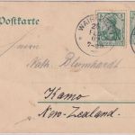 DR - 5 Pfg. Germania Ganzsache+Zusatz n. NEUSEELAND Waiblingen - Kamo 1909