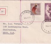 PNG - 2 Sh. Tänzer/Trommel u.a. Einschreibebrief Erave - Cheltenham 1964