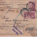DR - 75 Pfg. Germania c-Farbe 4er-Block u.a. Paketkarte n. MEMEL Rosswein 1920
