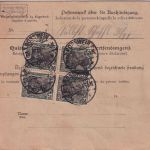 DR - 75 Pfg. Germania c-Farbe 4er-Block u.a. Paketkarte n. MEMEL Rosswein 1920