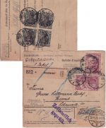 DR - 75 Pfg. Germania c-Farbe 4er-Block u.a. Paketkarte n. MEMEL Rosswein 1920