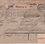 DR - 10+20+50 Pfg. K/A je Perfin "G.W." Paketkarte i.d. SCHWEIZ Hannover 8 1898