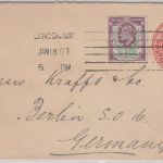 England - 1 P GA-Umschlag + Zusatz beide Firmenlochung Perfin London Berlin 1907
