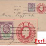 England - 1 P GA-Umschlag + Zusatz beide Firmenlochung Perfin London Berlin 1907