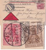 DR - 3+10 Pfg. Germania Perfin "M" Nachnahme-Drucksachenkarte Berlin W57 1909