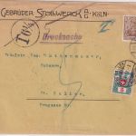 DR - 3 Pfg. Germania Perfin "G.St." Drucksache i.d. SCHWEIZ Köln 1912 Nachporto
