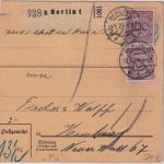 DR - 2x100 Pfg. Korbdeckel Perfin "FW" Paketkarte Berlin - Hamburg 1924