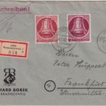 Berlin - 40+20 Pfg. Glocke rechts Einschreibebrief Braunschweig - FFM 1952