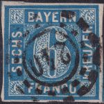 Bayern - 6 Kr. Quadrat blau voll- bis breitrandig oMR 240 (Kempten)