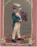 Glückwunsch - Geburtstag Junge im Anzug m. Blumenstrauß fabr. Prägekarte 1902