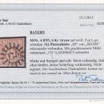 Bayern - 6 Kr. Quadrat braun Platte I Plattenfehler ! gMR 175 (Landshut)