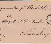 Bayern - Bischofsheim 5/9 schwarzer Zier-K1 Typ 18 Dienstbrief n. Nürnberg 1875