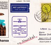 DDR - Lufthansa-Erstflug Düsseldorf Mailand 24.6.65 Zuleitungspost Jena 15.6.65